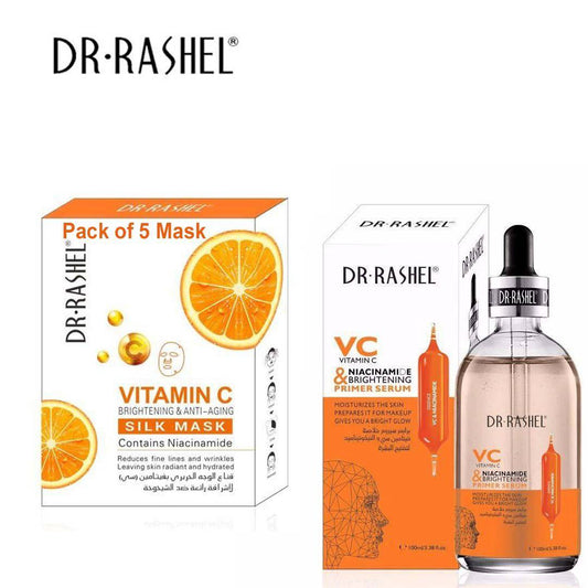 Dr.Rashel Vitamin C Niacinamide & Brightening Primer Serum - Dr.Rashel Vitamin C Brightening & Anti-Aging Silk Mask - Pack of 5 Masks - Dr-Rashel-Official
